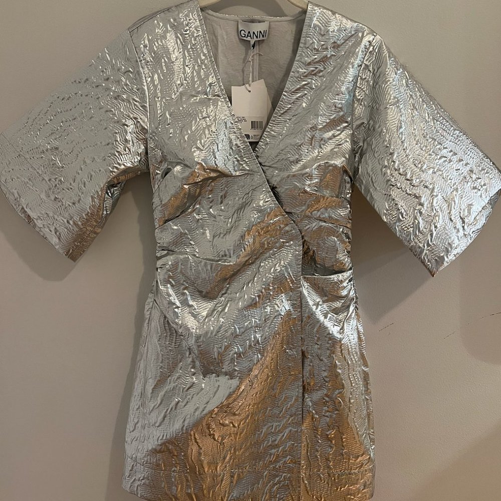 Ganni Silver Metallic Jacquard Mini Dress